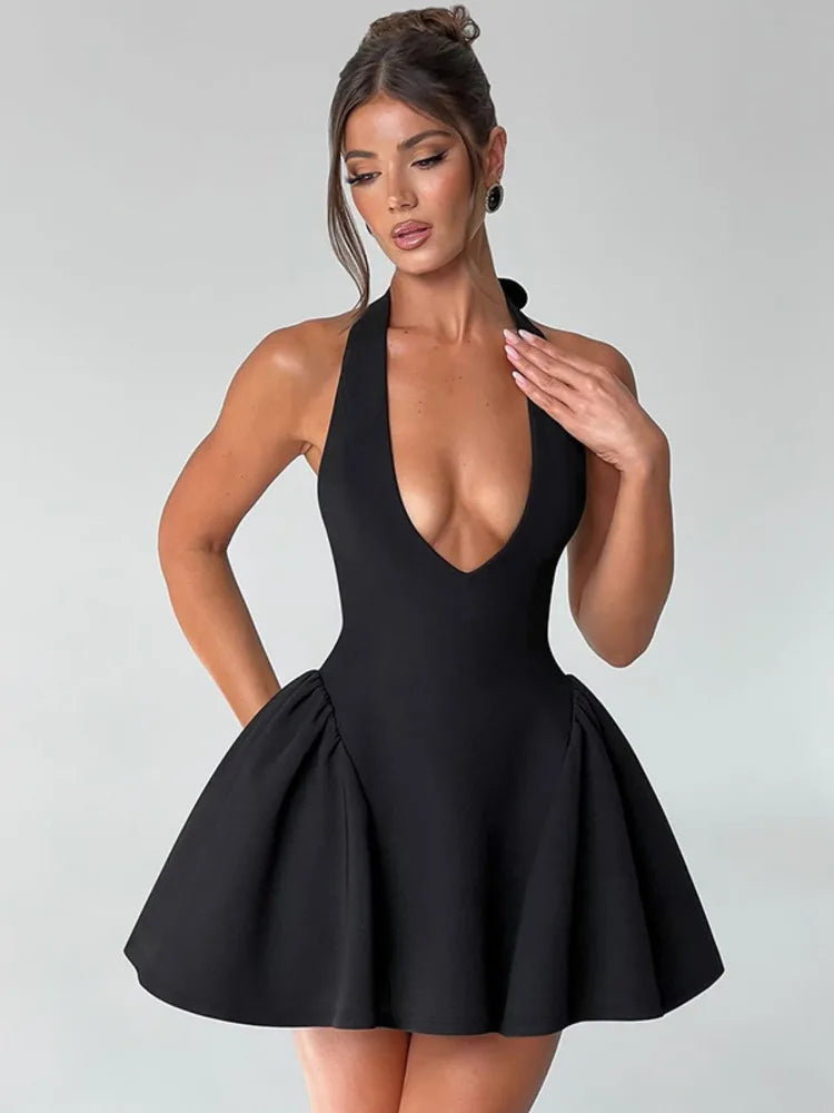Elegant Halter High Waist A-line Deep V Neck Mini Dress
