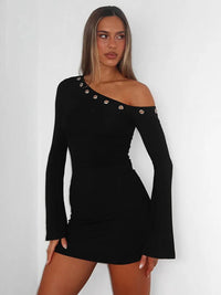 Inclined Shoulder Long Sleeve Sexy Mini Dress