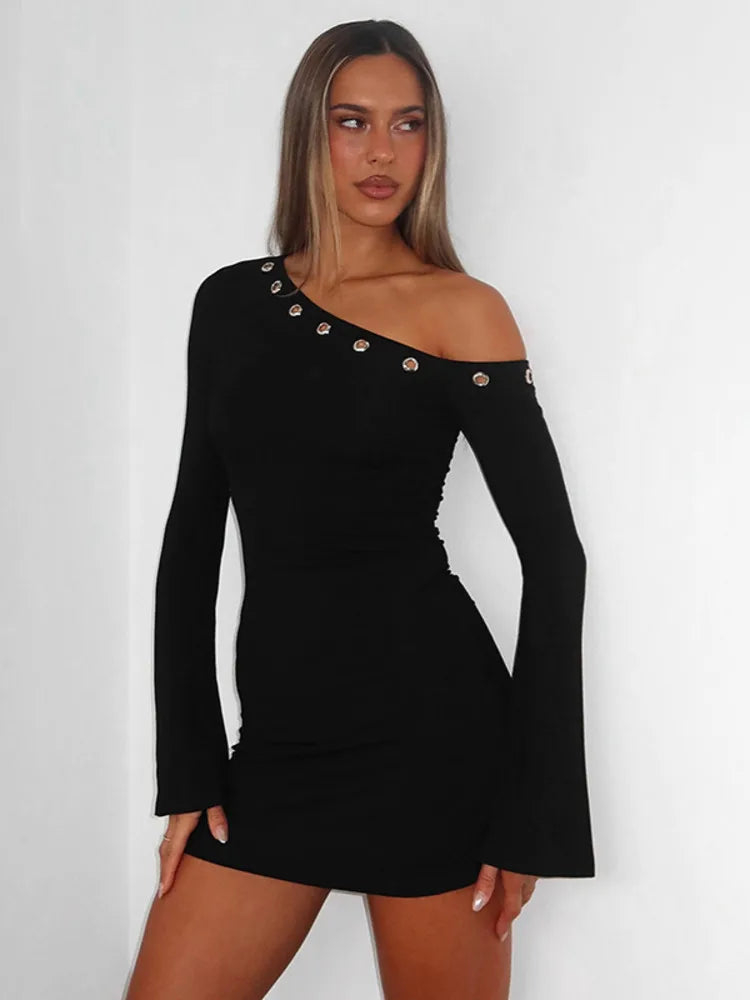 Inclined Shoulder Long Sleeve Sexy Mini Dress