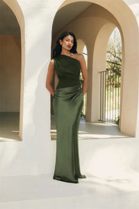 Satin Inclined Shoulder Sexy Maxi Dress