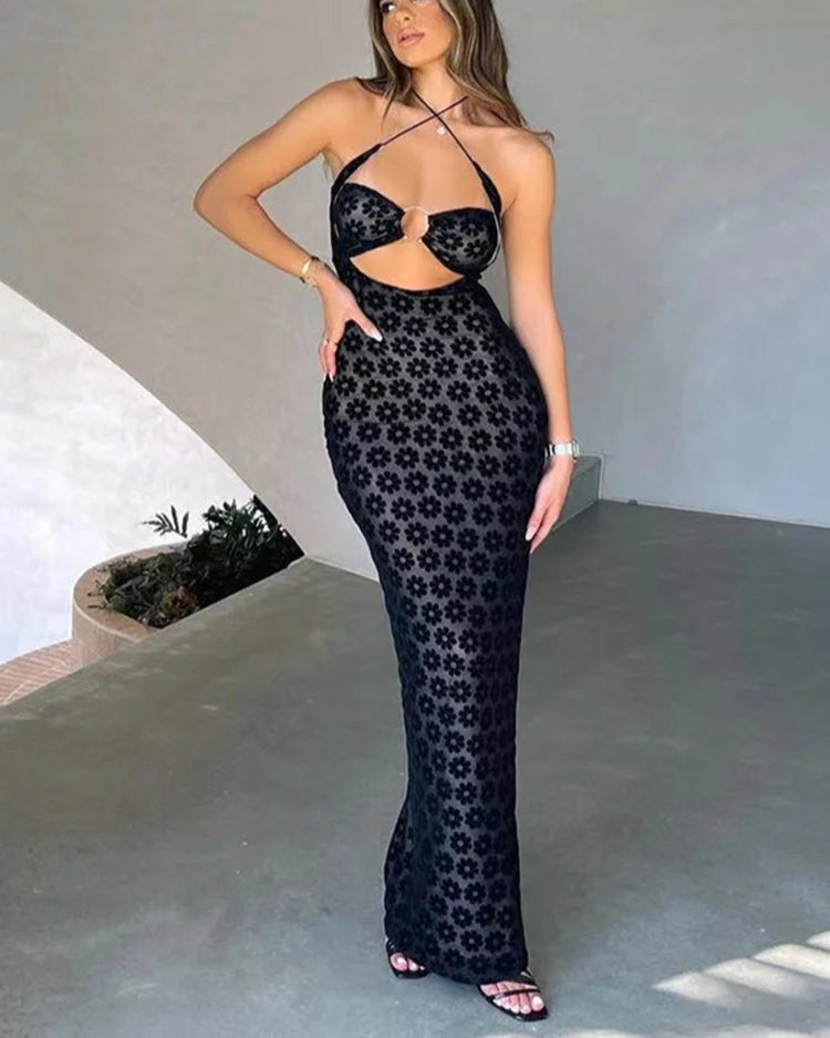 Solid Color Hanging Neck Maxi Dress