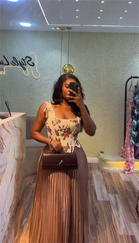Floral Print Waist-cinching Corset +Pleated Long Skirts Set