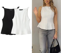 White Bow Sleeveless Casual Pleated Top