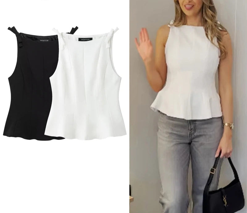 White Bow Sleeveless Casual Pleated Top