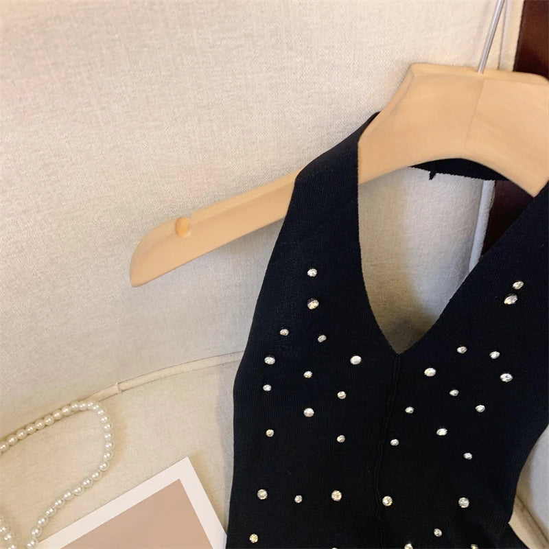 Halter Rhinestone Knitted Tank Top