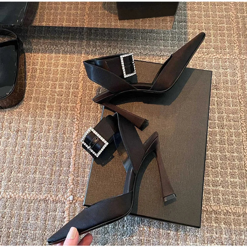 Luxury Satin Rhinestones Square Buckle Pumps
