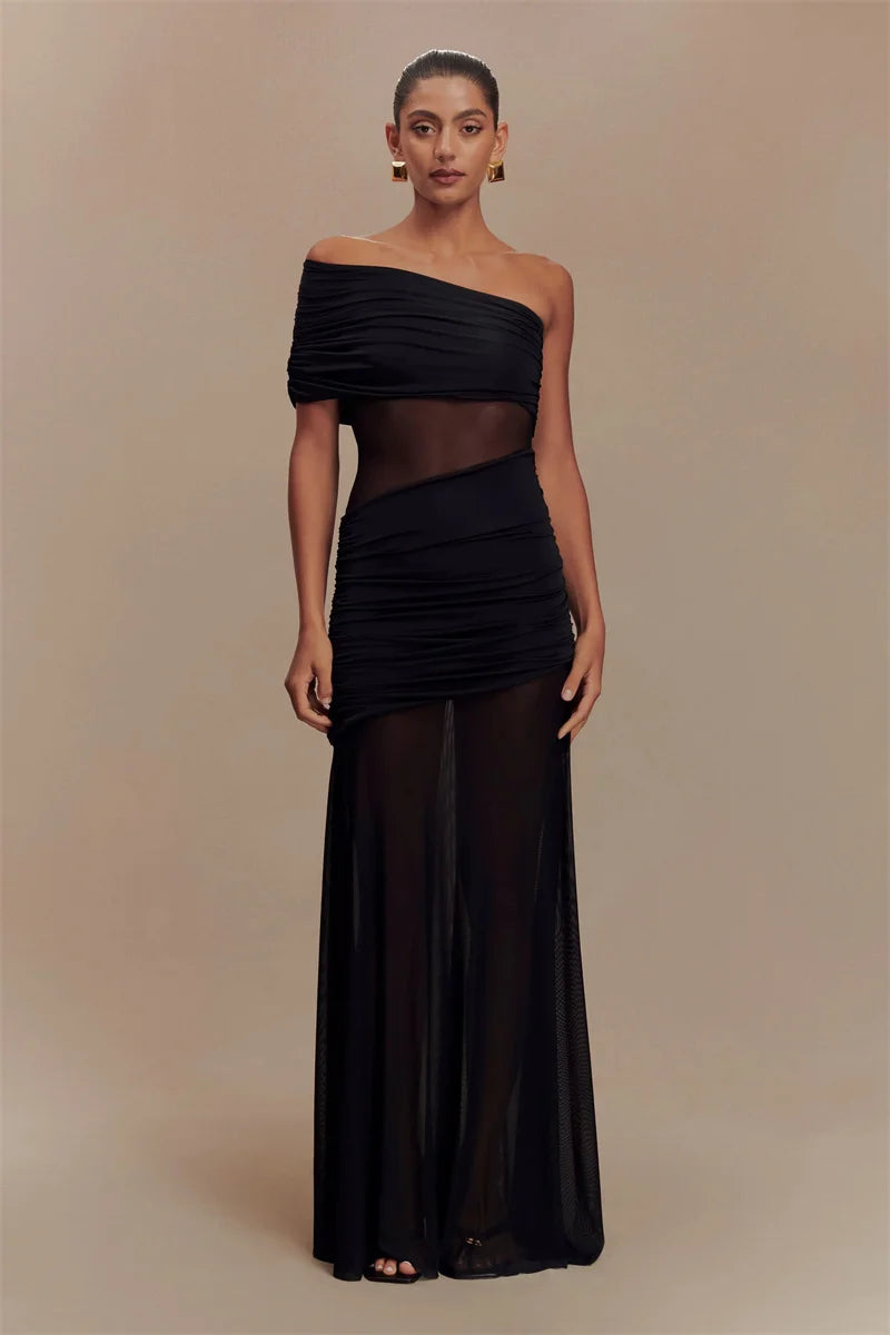 One Shoulder Mesh Sexy Maxi Dress