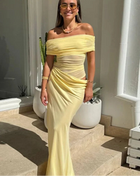 Ruched Irregular Mesh Patchwork Off Shoulder Dress