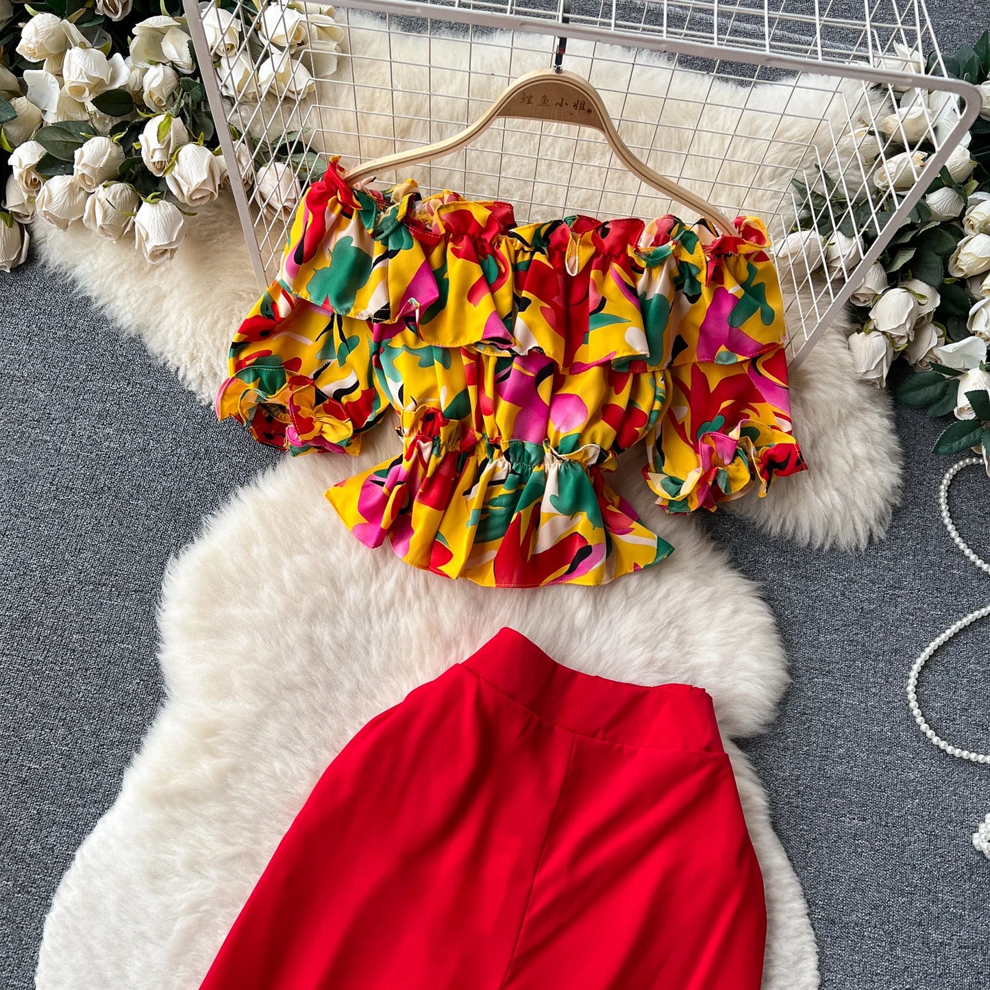 Ruffles Floral Print Elastic Waist Wide Leg Long Pants+Top Set