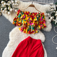 Ruffles Floral Print Elastic Waist Wide Leg Long Pants+Top Set