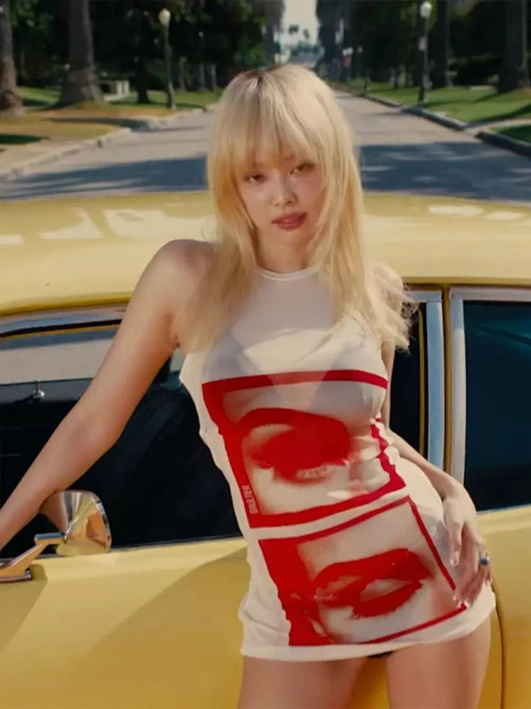 Mesh Lip Print Y2K O-neck Sleeveless Mini Dress