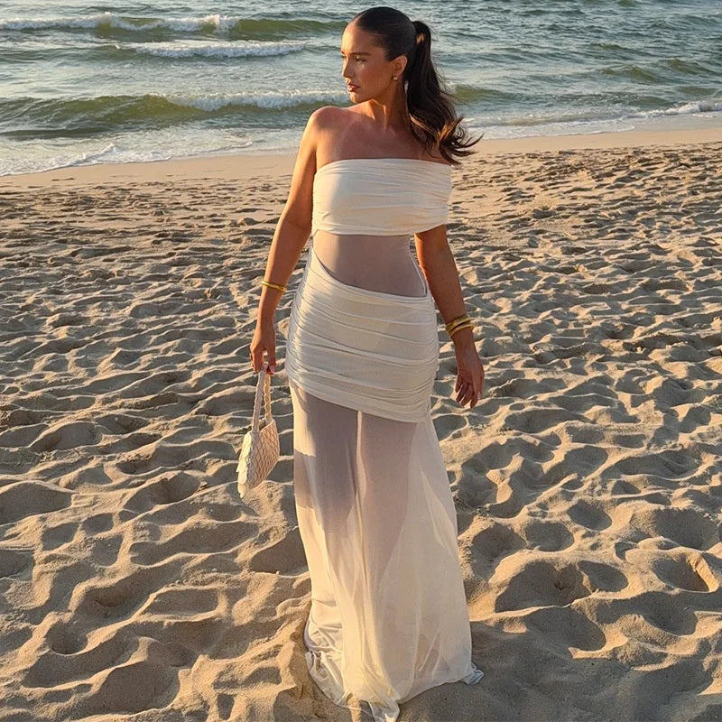 One Shoulder Mesh Sexy Maxi Dress