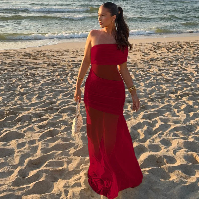 One Shoulder Mesh Sexy Maxi Dress