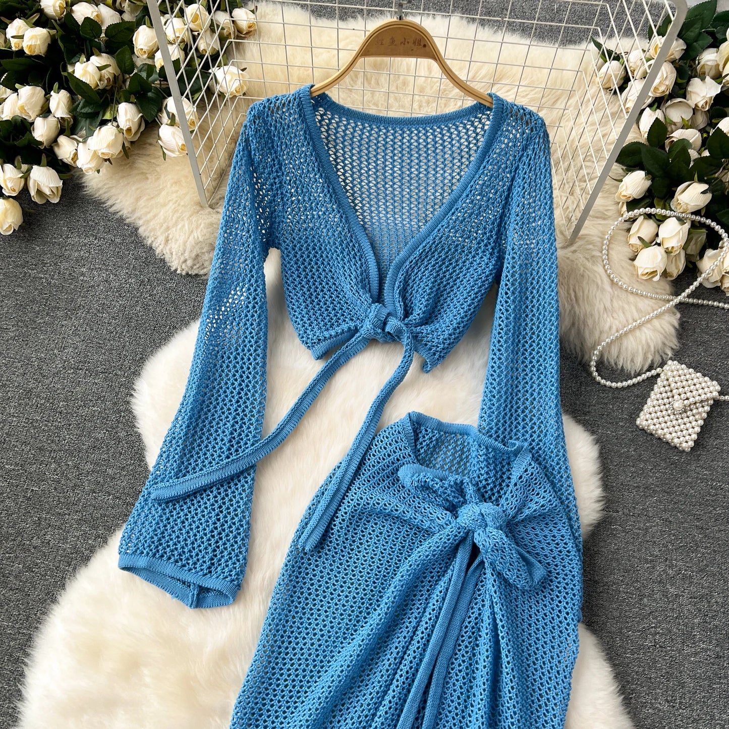 Long Sleeve V Neck Short Top+Adjustable Waist Split Long Skirt Set