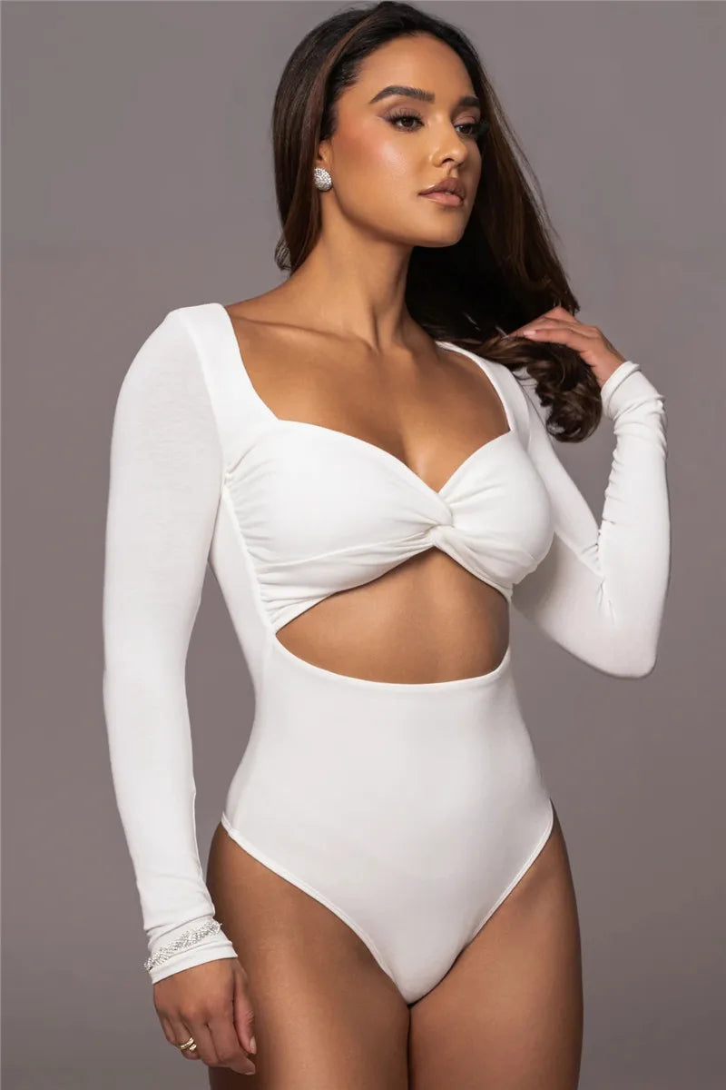 Hollow Out Long Sleeve Square Collar Bodysuit