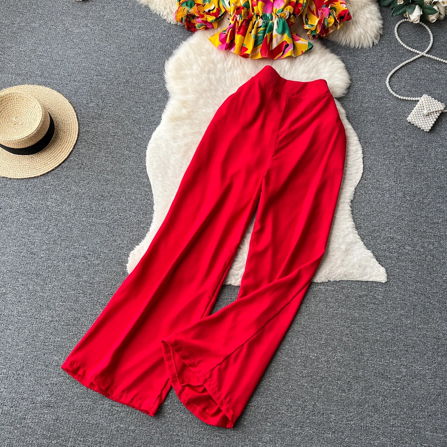 Ruffles Floral Print Elastic Waist Wide Leg Long Pants+Top Set