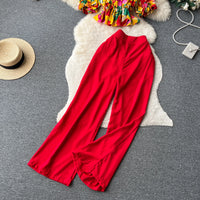 Ruffles Floral Print Elastic Waist Wide Leg Long Pants+Top Set