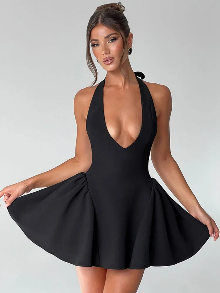 Elegant Halter High Waist A-line Deep V Neck Mini Dress