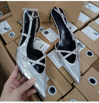 Elegant Pointed toe PU Leather Slingback Thin Heels