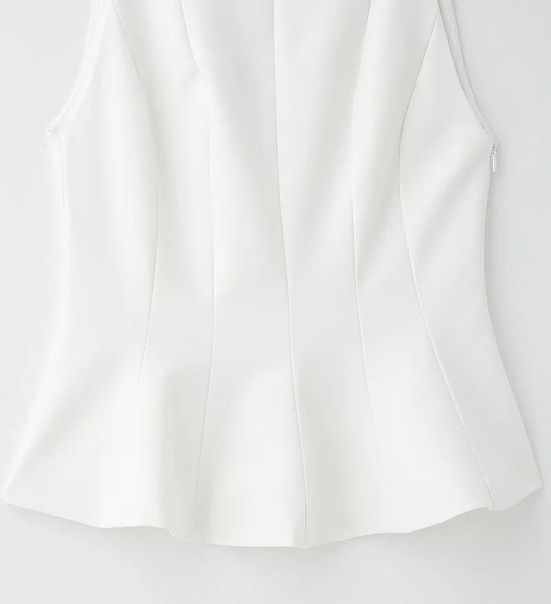 White Bow Sleeveless Casual Pleated Top
