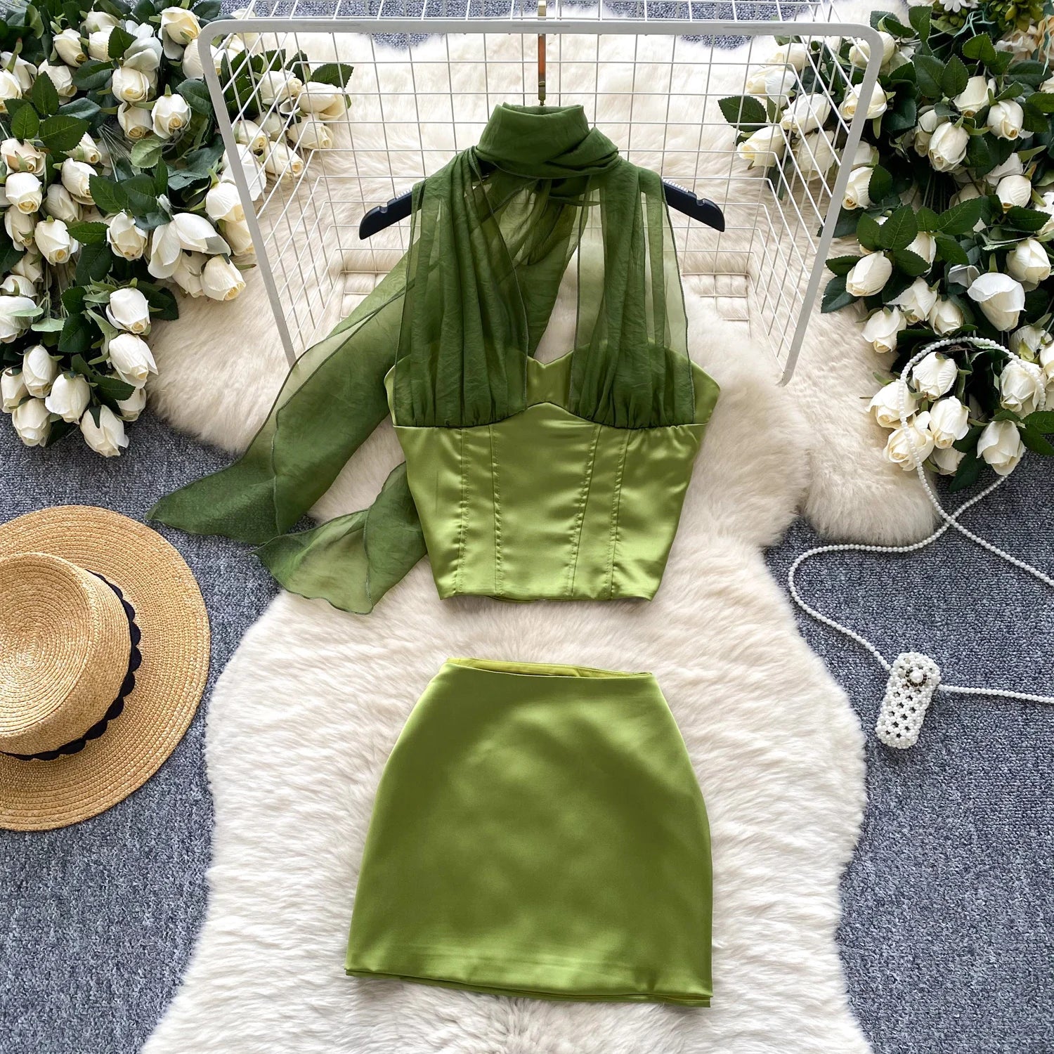 Strapless Halter Zipper Design Top+Bodycon Skirt Set