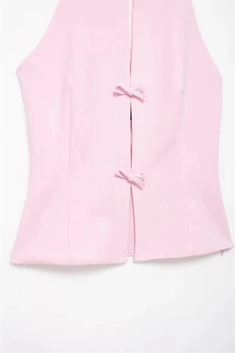 Bow Rhinestone Cut Out Backless Top