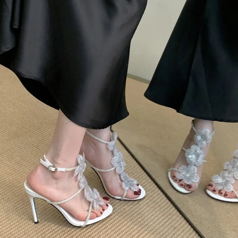 Rhinestones Lace Flowers Decor Heels