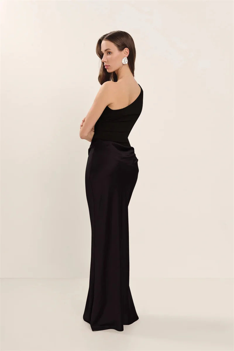 Satin Inclined Shoulder Sexy Maxi Dress