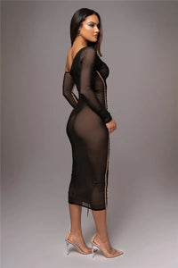 Diagonal Collar Long Sleeve Midi Dress