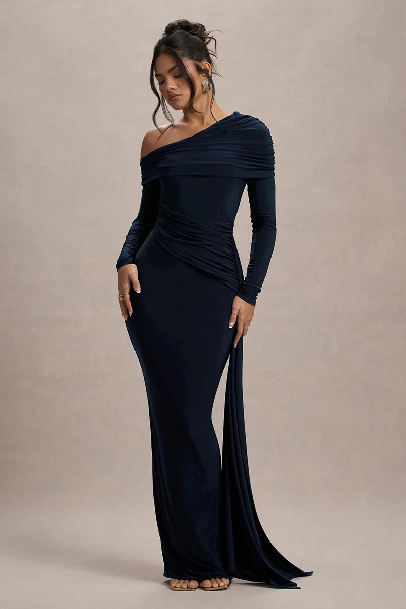 Skew Collar Long Sleeve Sexy Maxi Dress