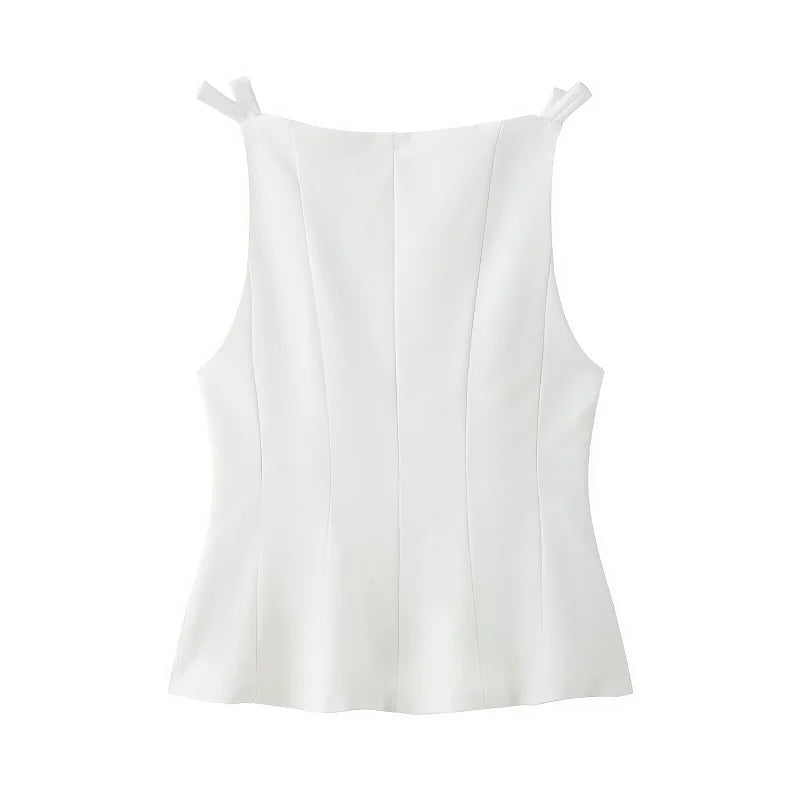 White Bow Sleeveless Casual Pleated Top