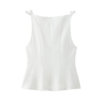 White Bow Sleeveless Casual Pleated Top