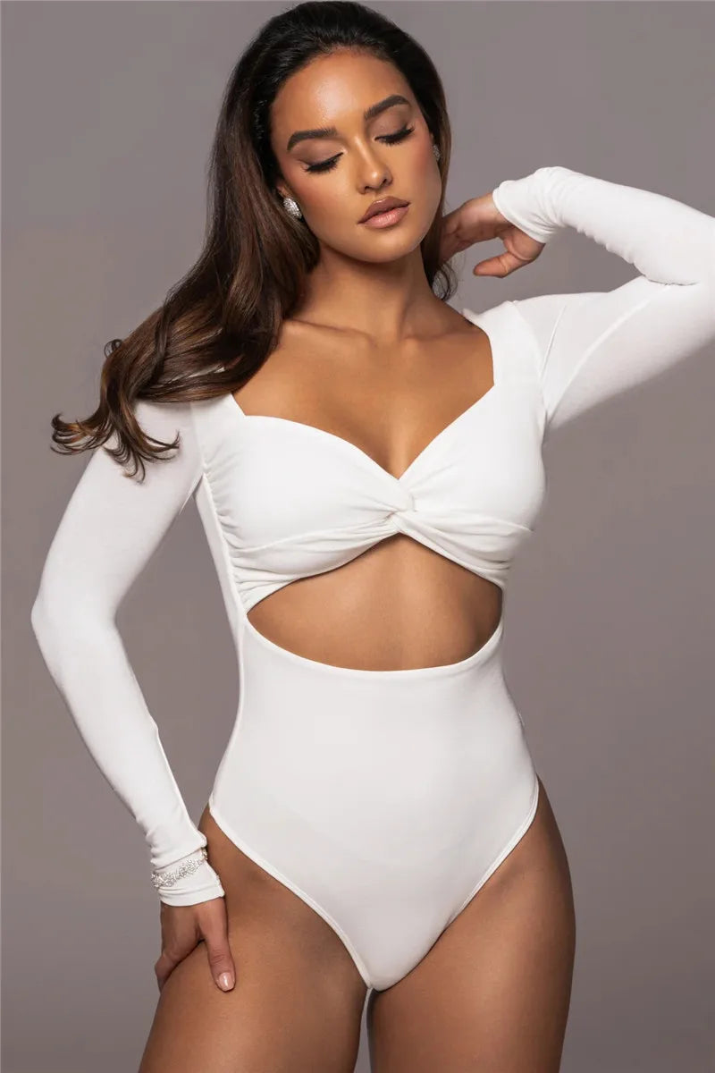 Hollow Out Long Sleeve Square Collar Bodysuit