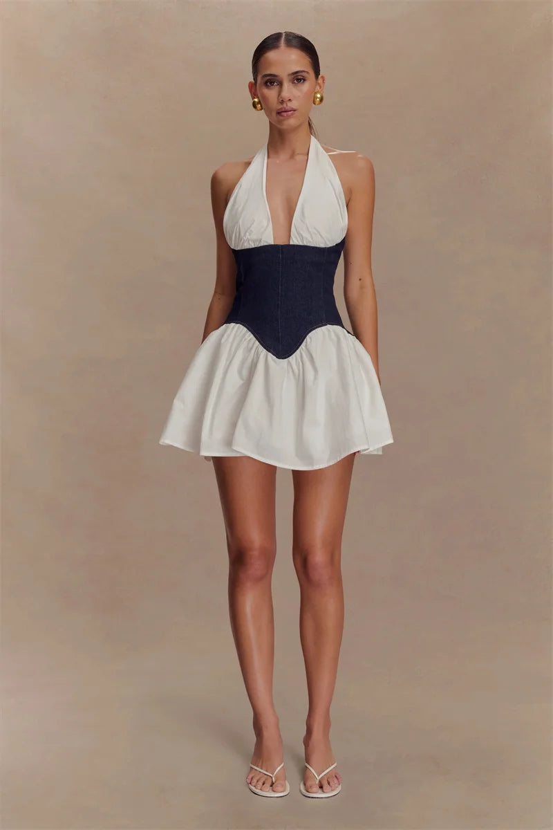 Patchwork Halter Denim Backless Sexy Mini Dress
