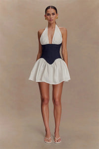 Patchwork Halter Denim Backless Sexy Mini Dress