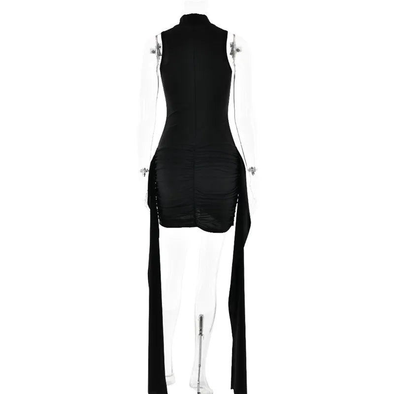 Turtleneck Sleeveless Irregular Ruched Mini Dress