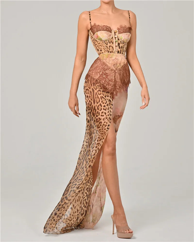 Leopard Print Lace Split Sexy Maxi Dress