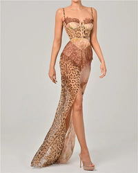 Leopard Print Lace Split Sexy Maxi Dress