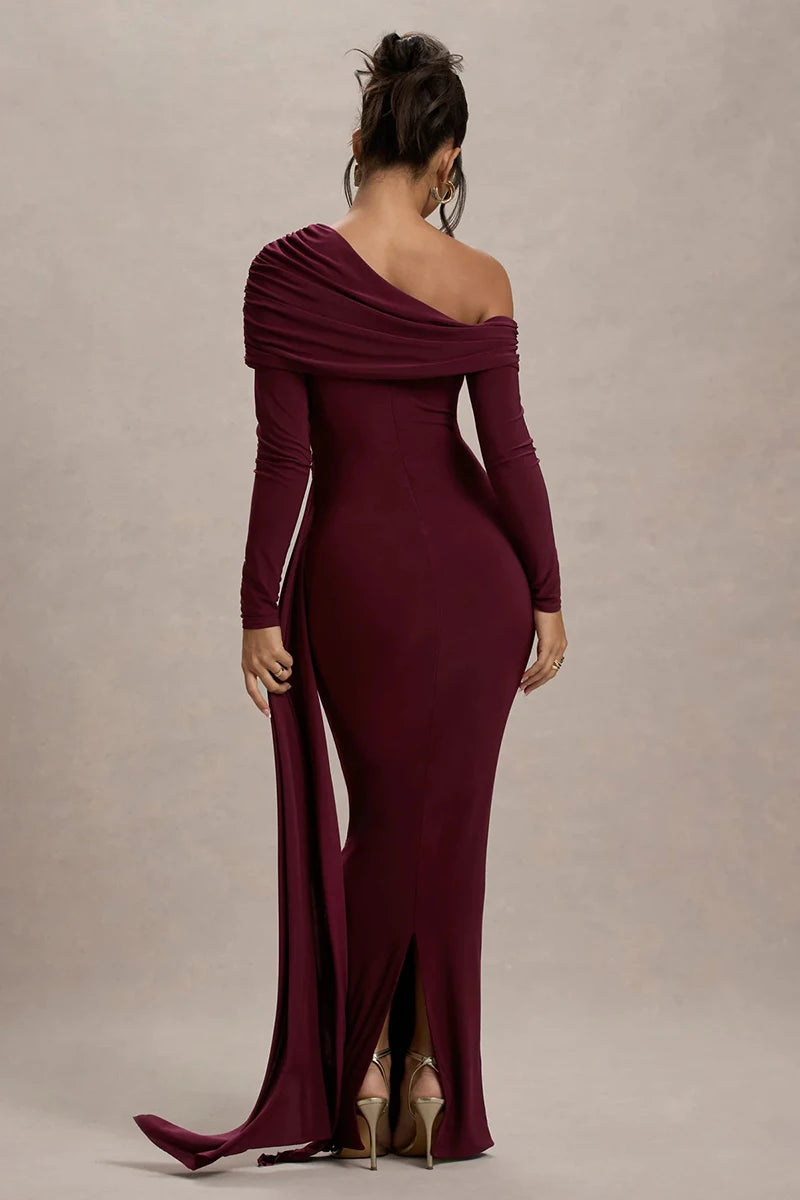 Skew Collar Long Sleeve Sexy Maxi Dress
