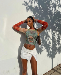 Mesh Dollar Print Classic Aesthetic O-neck Long Sleeve Skinny Top