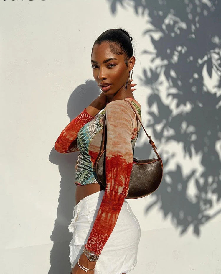 Mesh Dollar Print Classic Aesthetic O-neck Long Sleeve Skinny Top