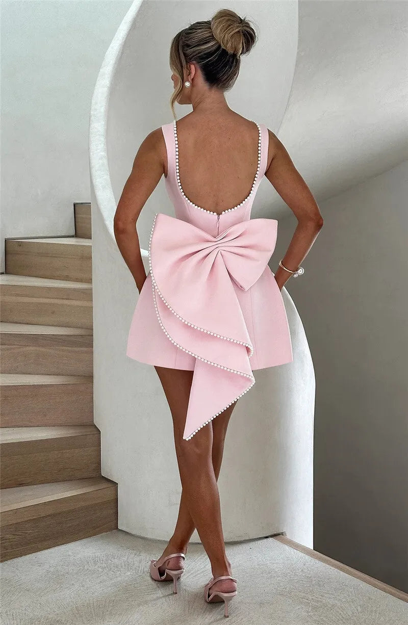 Pearl Bow Backless Sexy Mini Dress