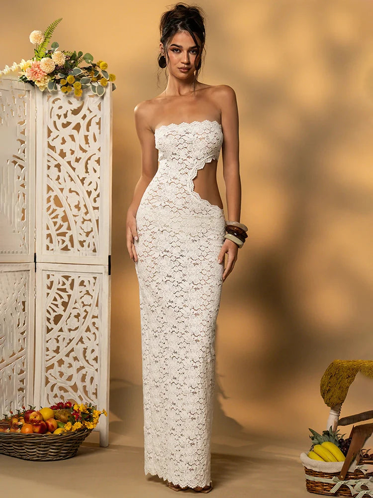Lace Strapless Hollow Out  Maxi Dress
