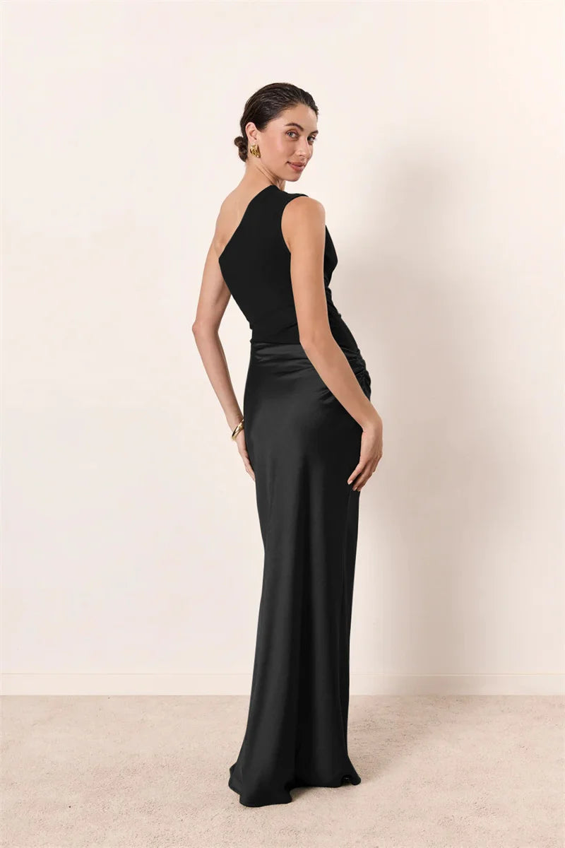 Satin Inclined Shoulder Sexy Maxi Dress