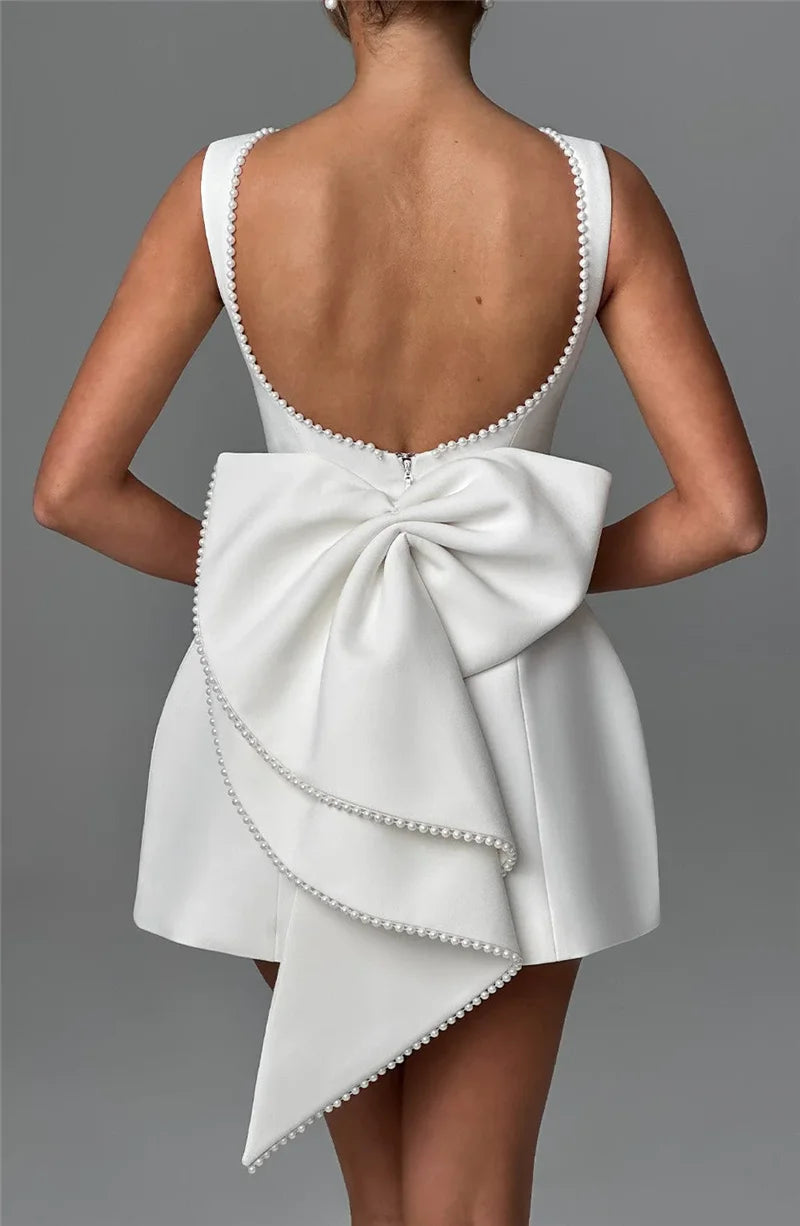 Pearl Bow Backless Sexy Mini Dress