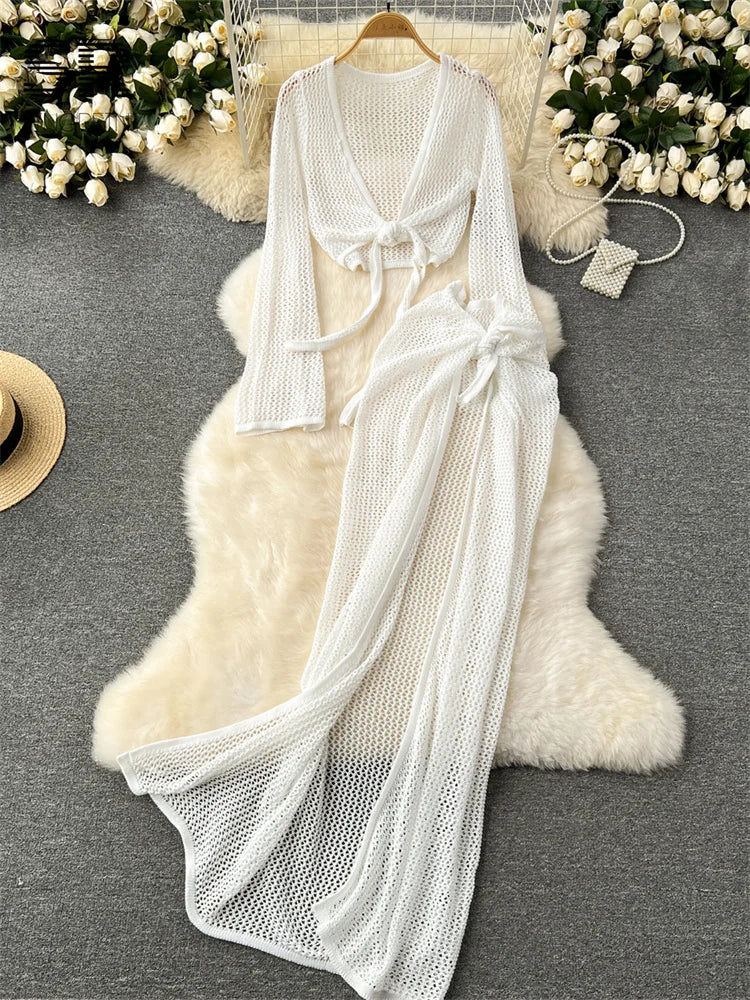 Long Sleeve V Neck Short Top+Adjustable Waist Split Long Skirt Set