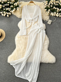 Long Sleeve V Neck Short Top+Adjustable Waist Split Long Skirt Set