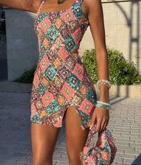 Colorful Diamond Pattern Sequin Slit Mini Dress