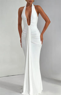 Deep V Neck Draped Ruched Sexy Maxi Dress
