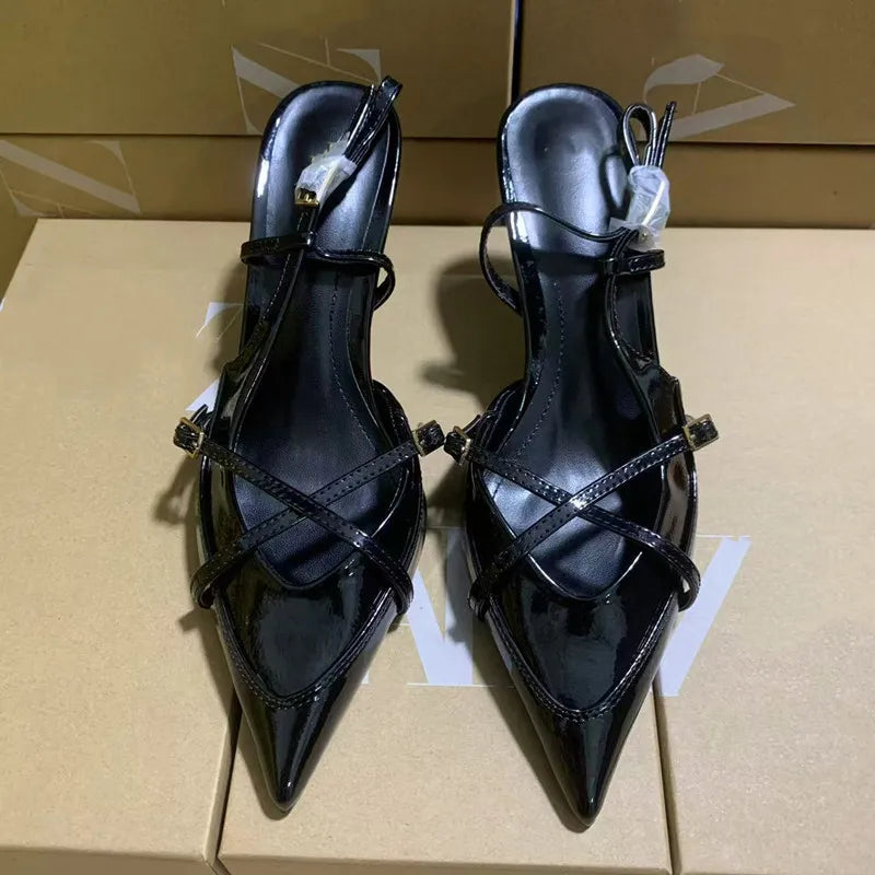 Elegant Pointed toe PU Leather Slingback Thin Heels